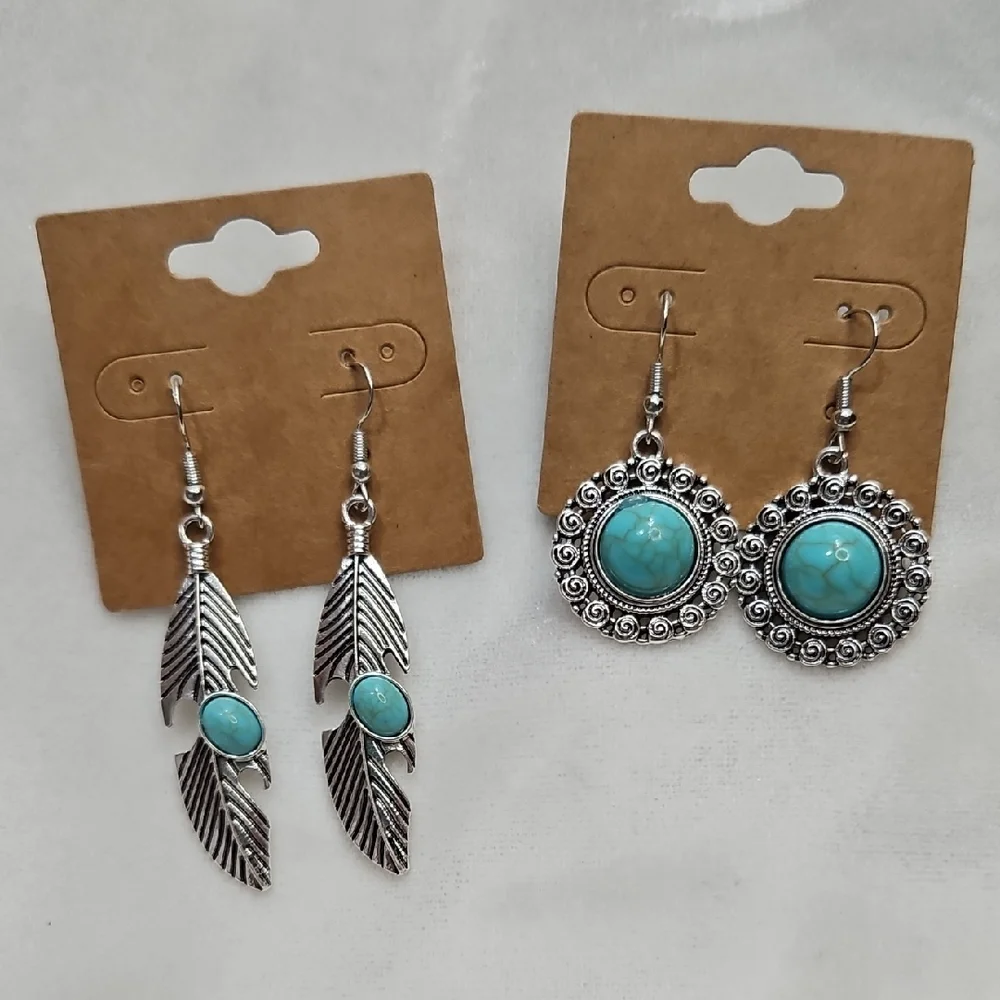Lot of 2 Pairs Turquoise Blue Silver Southwestern Pierced Earrings Dangle Boho